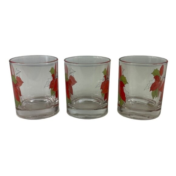 Vintage Christmas 8oz Glassware Old Fashioned Poinsettia by Block Set of 3 - Picture 5 of 11